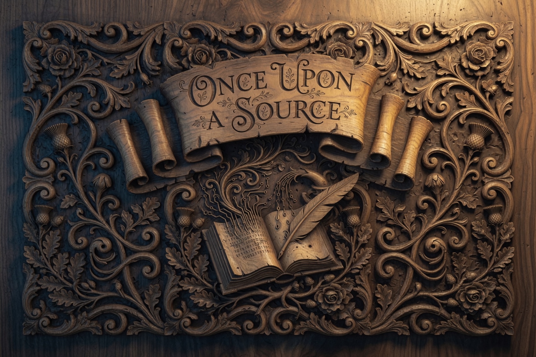 Original carved Once Upon a Source book artwork