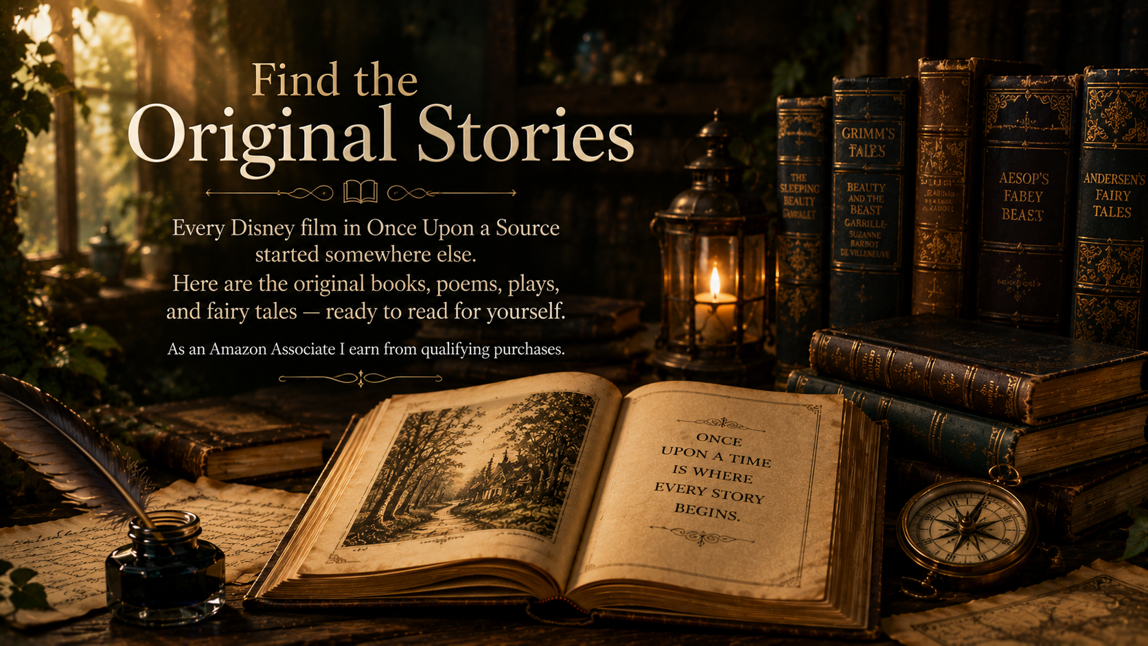 Find the Original Stories header featuring classic fairy tale books, an open storybook, lantern, quill, and vintage library