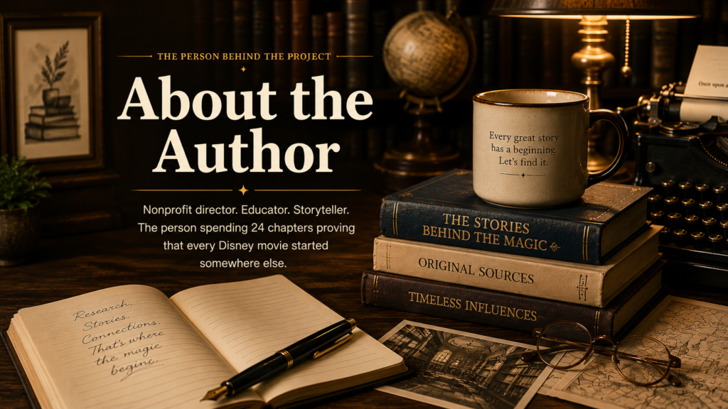 About the Author of Once Upon a Source, featuring a vintage writer’s desk with books, notebook, fountain pen, typewriter, and research materials.