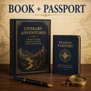 Once Upon a Source book and Literary Passport bundle displayed with a compass and fountain pen.