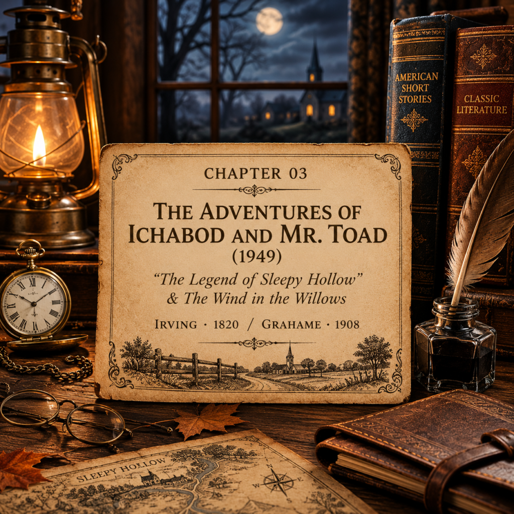 Once Upon A Source Chapter 03 — The Adventures of Ichabod and Mr. Toad (1949), inspired by Washington Irving’s The Legend of Sleepy Hollow and Kenneth Grahame’s The Wind in the Willows.