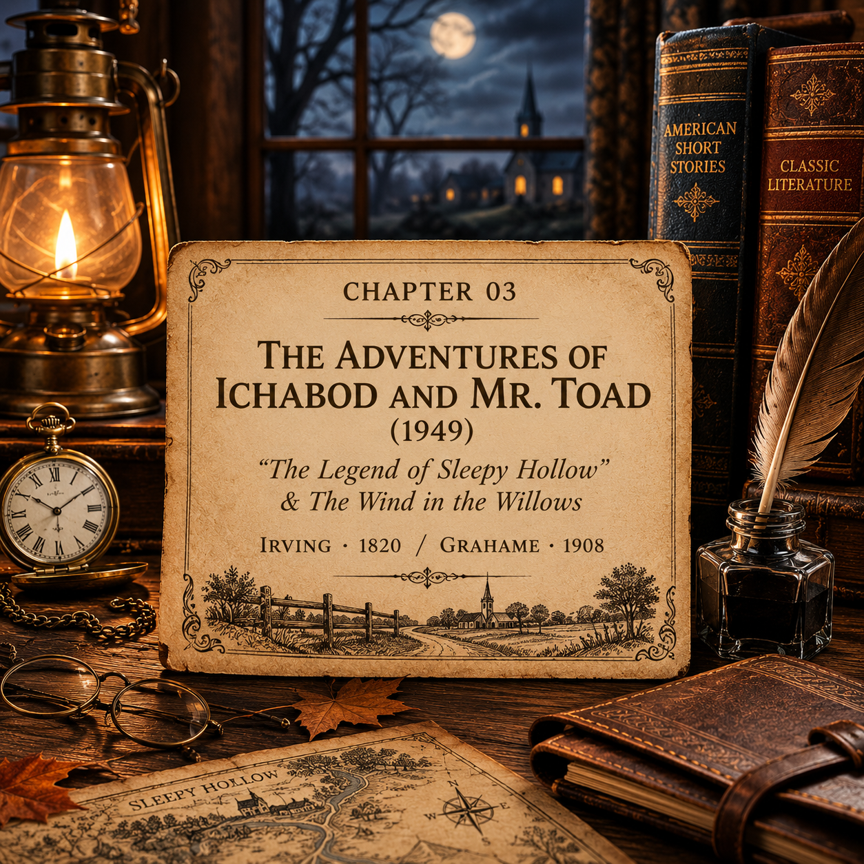 Once Upon A Source Chapter 03 — The Adventures of Ichabod and Mr. Toad (1949), inspired by Washington Irving’s The Legend of Sleepy Hollow and Kenneth Grahame’s The Wind in the Willows.