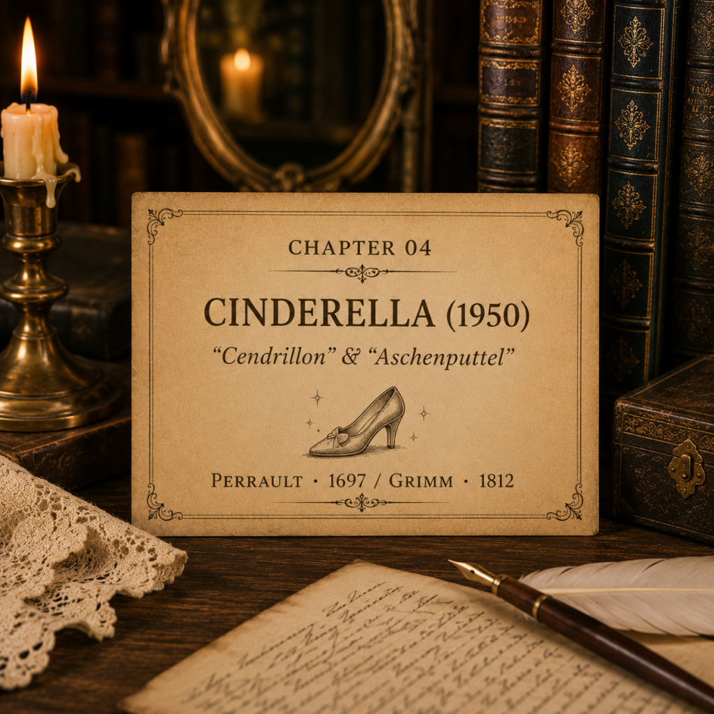 Once Upon A Source Chapter 04 — Cinderella (1950), exploring the literary origins of the fairy tale in Charles Perrault’s Cendrillon and the Brothers Grimm’s Aschenputtel.