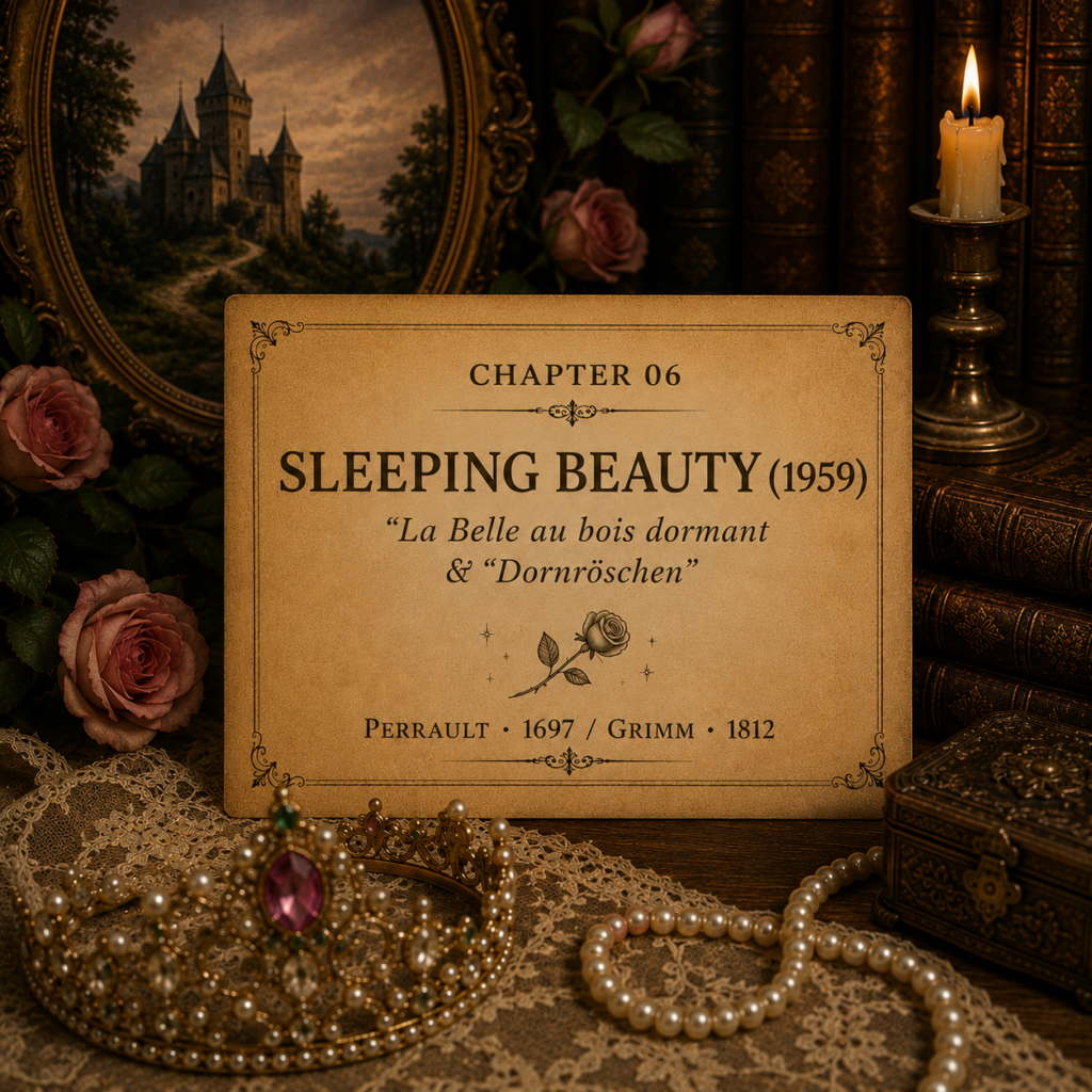 Once Upon A Source Chapter 06 — Sleeping Beauty (1959), exploring its literary origins in Charles Perrault’s La Belle au bois dormant and the Brothers Grimm’s Dornröschen.
