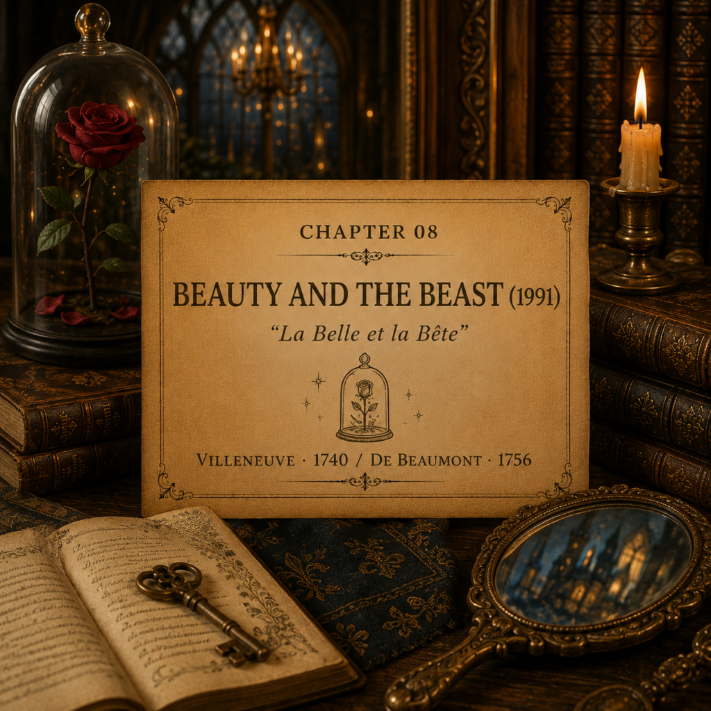 Once Upon A Source Chapter 08 — Beauty and the Beast (1991), exploring its literary origins in the French fairy tale La Belle et la Bête by Villeneuve and de Beaumont.