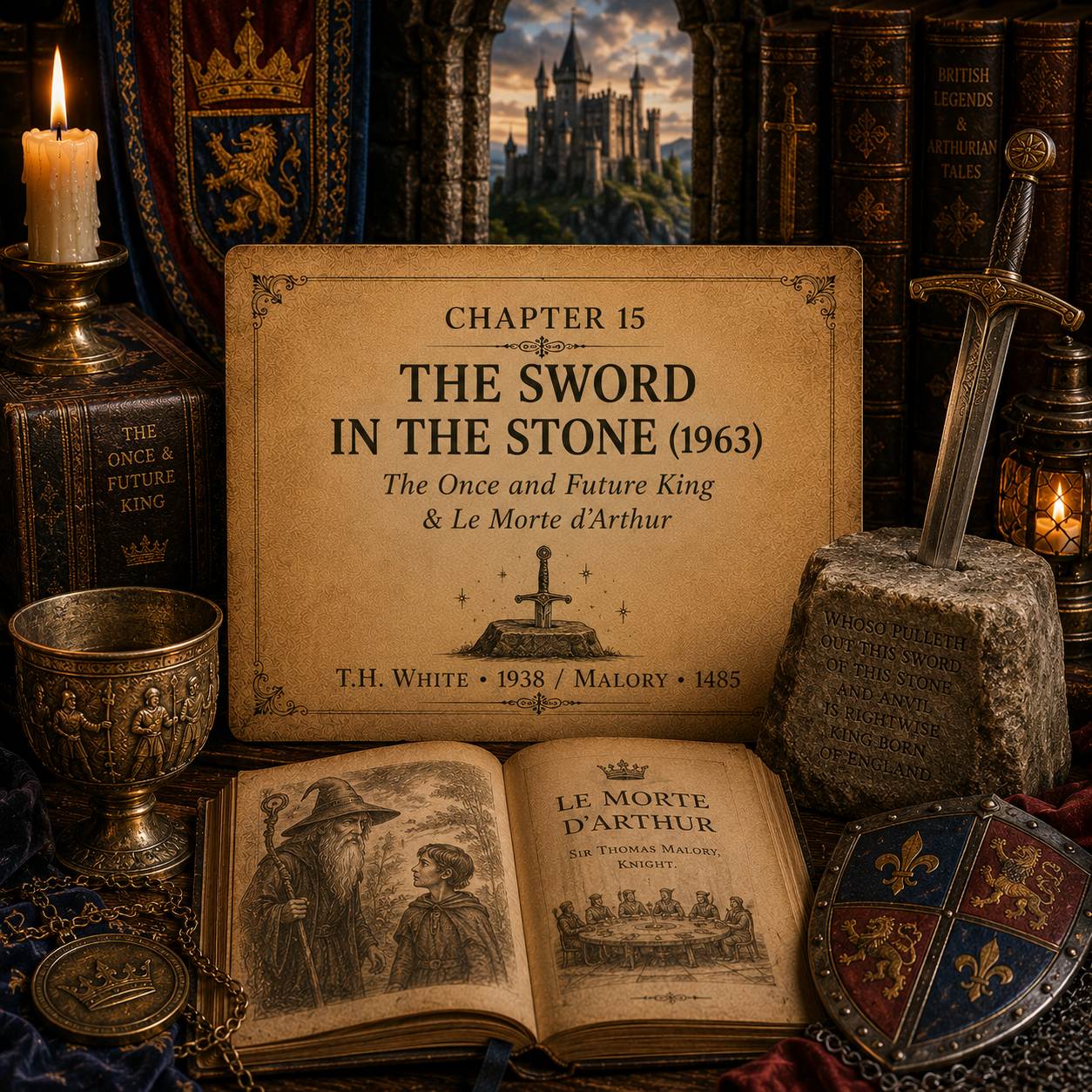 Once Upon A Source Chapter 15 — The Sword in the Stone (1963), exploring its literary roots in T. H. White’s The Once and Future King and Sir Thomas Malory’s Le Morte d’Arthur.