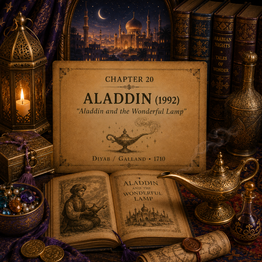 Once Upon A Source Chapter 20 — Aladdin (1992) and its literary connection to Aladdin and the Wonderful Lamp, associated with Antoine Galland and storyteller Hanna Diyab.