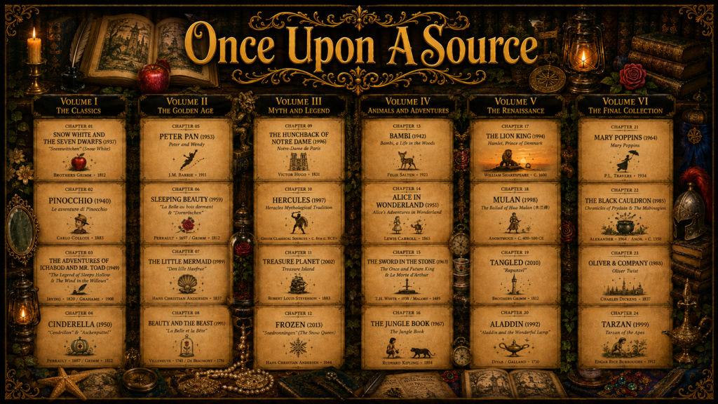 Once Upon A Source complete 24-chapter collection featuring six volumes connecting classic literature, fairy tales, mythology, and original source texts with well-known films.