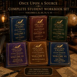 Once Upon A Source Complete Student Workbook Set featuring all six literature workbooks, Volumes I–VI, for reading comprehension, literary analysis, and critical thinking.
