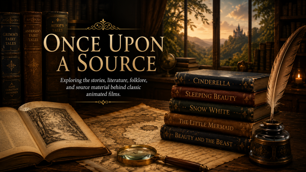 Antique books, fairy tales, maps and manuscripts representing the literary and folkloric sources behind classic animated films.