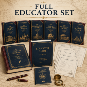 Once Upon a Source Full Educator Set featuring six student workbooks, an educator guide, literary book, lesson materials, and Literary Passport.