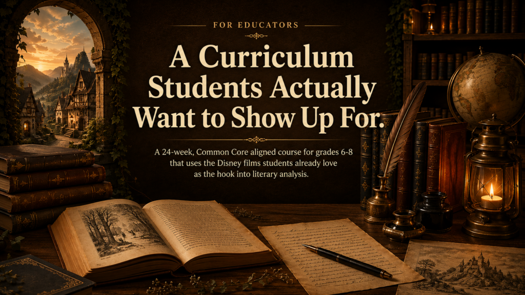 Once Upon a Source literature curriculum for grades 6–8 featuring classic books, writing materials, and a storybook-inspired learning setting.