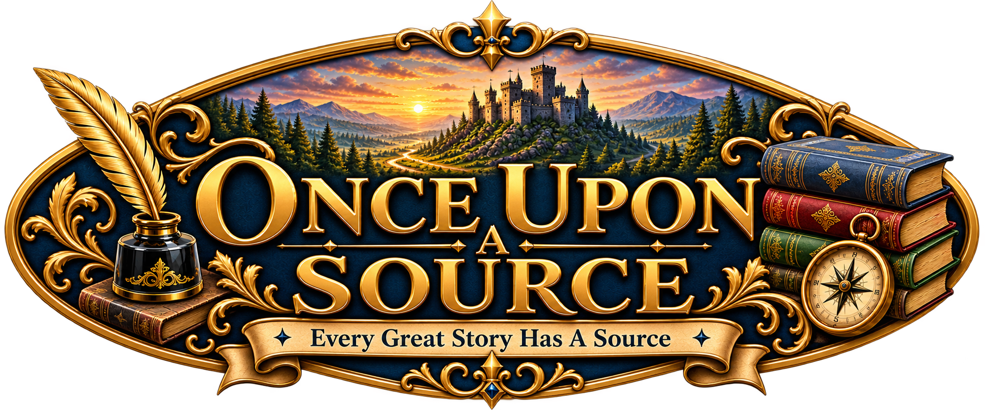 Once Upon A Source logo featuring an open-book theme, quill, compass, books, and medieval castle with the tagline Every Great Story Has A Source.
