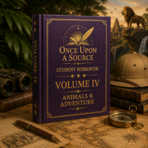 Once Upon A Source Volume IV – Animals & Adventure student workbook featuring animal stories, exploration, and adventure-based literary learning.