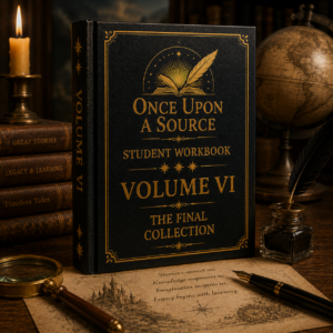 Once Upon A Source Student Workbook Volume VI – The Final Collection, an educational literature workbook for students featuring story-based learning and literary analysis.