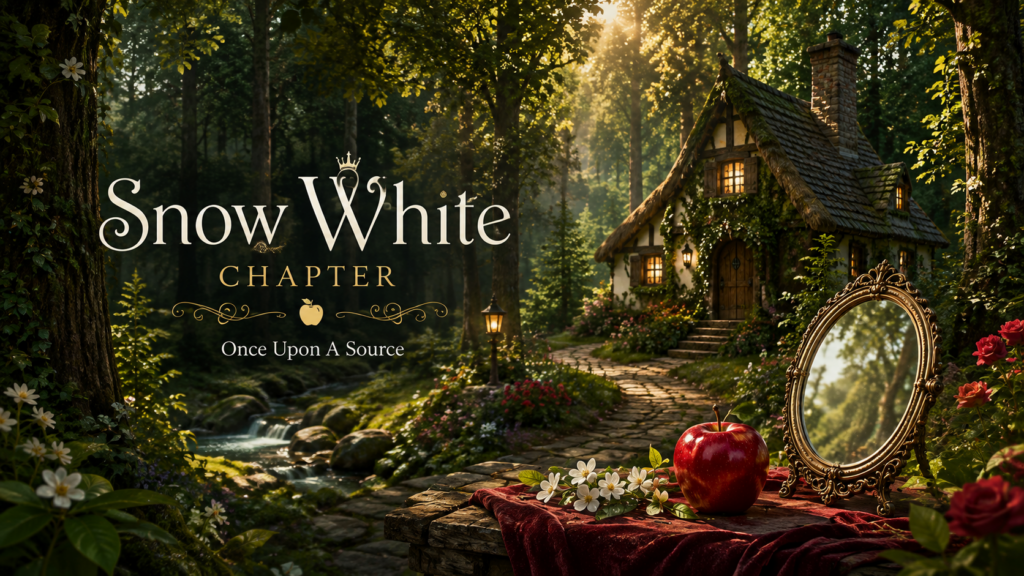 Snow White chapter header featuring an enchanted forest, red apple, antique mirror, and storybook cottage